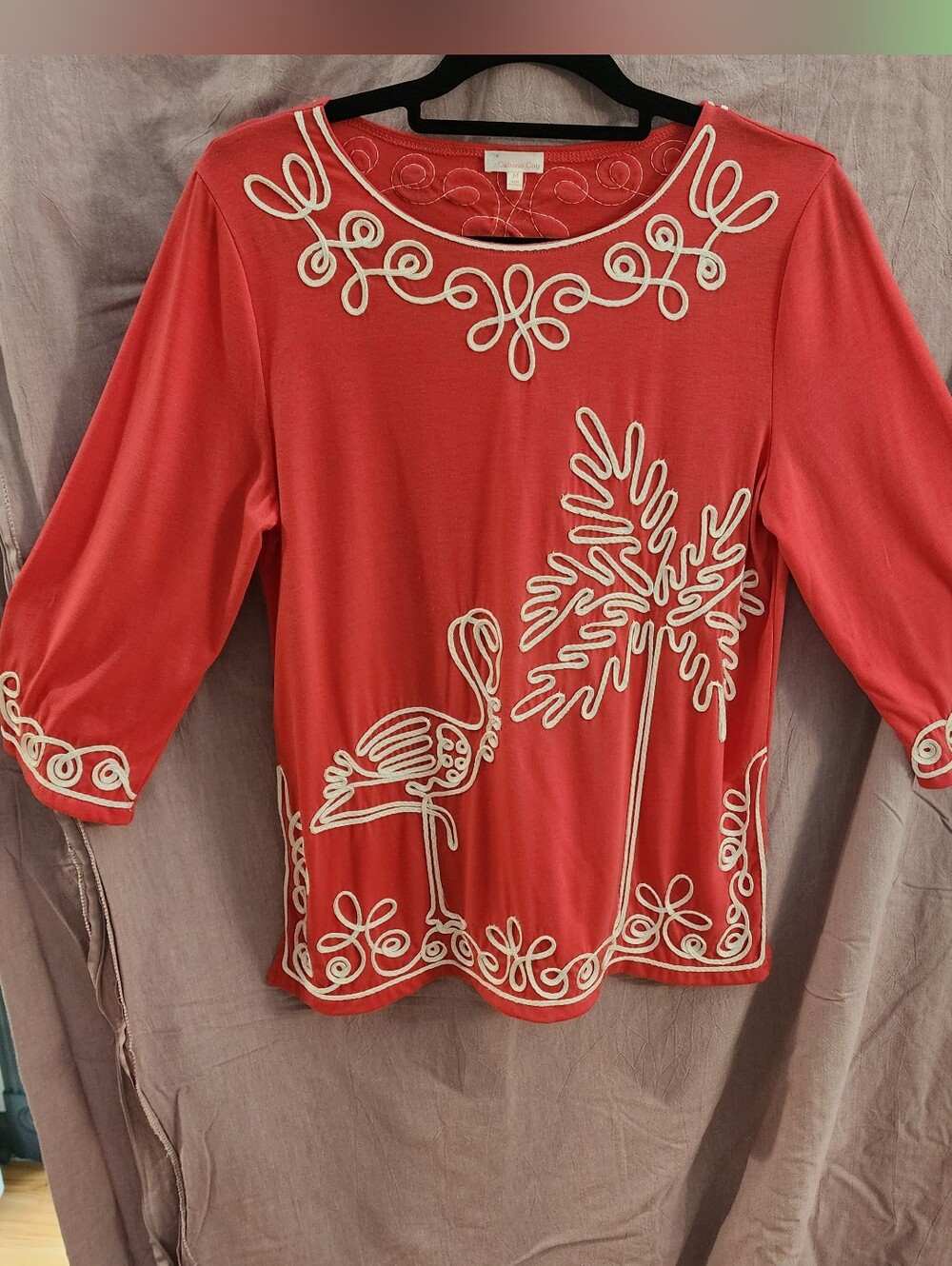 Embellished Coral Tunic Top with Ivory Trim